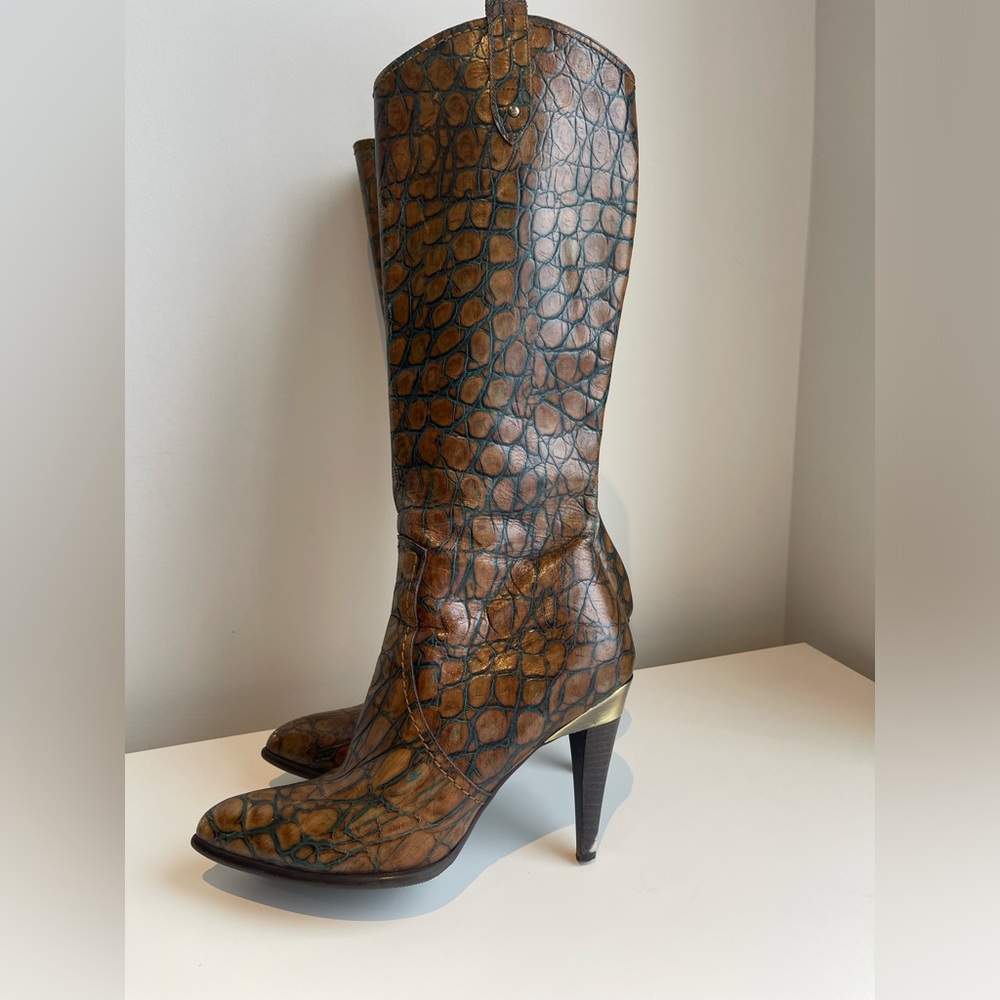 Brown Croc-Embossed Leather ANGELA FALCONI High Heel Knee Boots